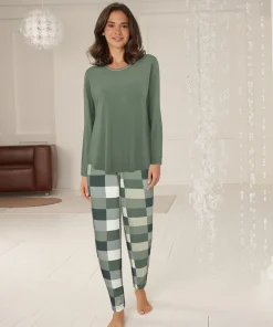 Lady Avenue Pyjamas/ Loungewear<1048 ARMY CHECKS - Bamboo Bamboo Long Sleeve Pyjamas