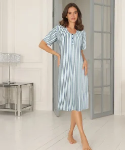 Lady Avenue Natkjoler/ Underkjoler/ Chemiser<650 BLUE/GREY STRIPE - Bambus Homewear Long Nightdress, Short-sleeve