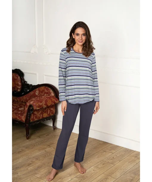 Lady Avenue Top/ Loungeshirt/ Pyjamas<1035 GRAPHITE STRIPE - Bamboo Homewear Long Sleeve Pyjamas