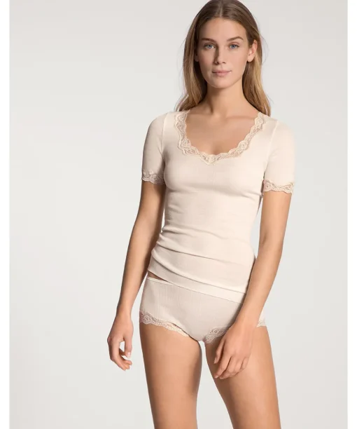 Calida Undertøj<090 LIGHT IVORY - Richesse Lace Top Short-Sleeve