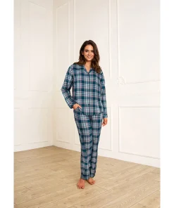 Lady Avenue Top/ Loungeshirt/ Pyjamas<1014 PETROL CHECKS - Homewear - Cotton & satin Cotton Flannel Pyjamas
