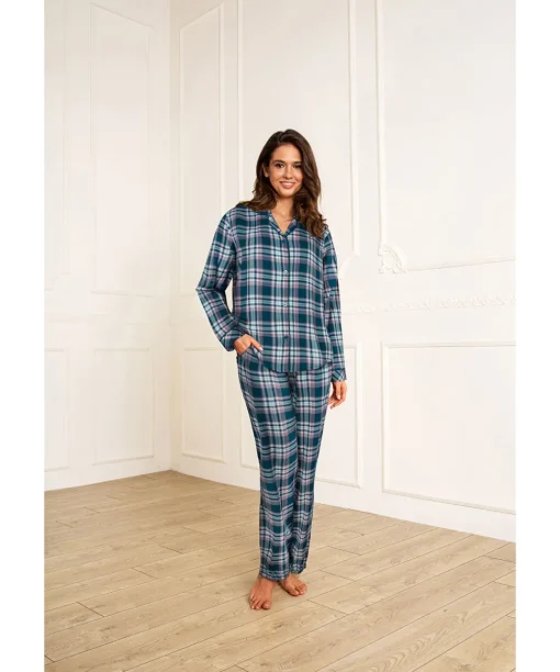 Lady Avenue Top/ Loungeshirt/ Pyjamas<1014 PETROL CHECKS - Homewear - Cotton & satin Cotton Flannel Pyjamas