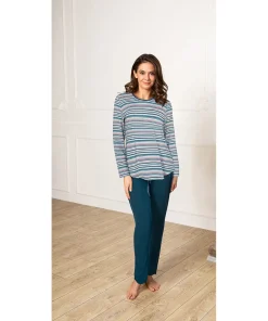 Lady Avenue Top/ Loungeshirt/ Pyjamas<1015 PETROL STRIPE - Bamboo Homewear Long Sleeve Pyjamas